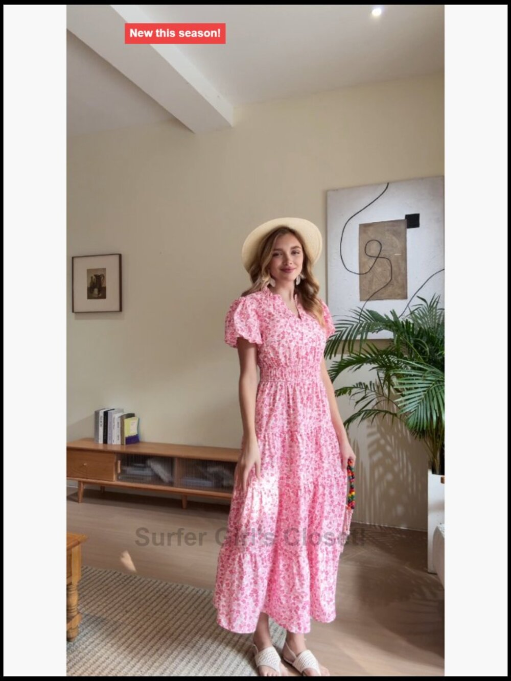 Women's V-Neck Floral Maxi Dress Short Puff Sleeve Smocked Boho Beach Dress - Picture 7 of 7
